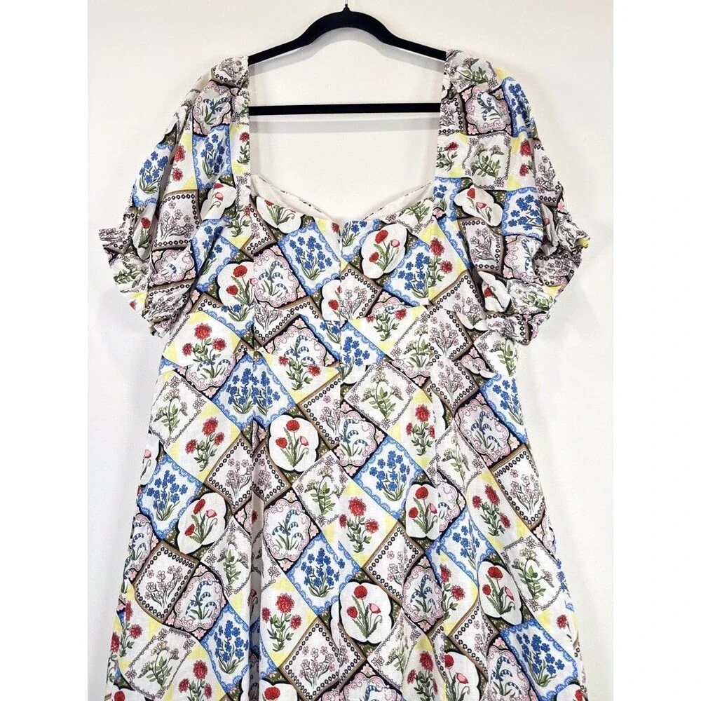 Boden Midi Dress Blue Sweetheart Linen Floral Patchwork Puff Sleeve Boho 20/22